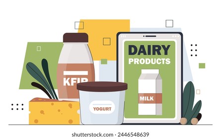 Dairy products concept. Milk in packages with cheese and glass. Calcium naturl and organic products. Healthy eating and useful food. Cartoon flat vector illustration isolated on white background