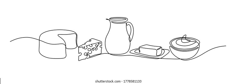 Dairy products in continuous line art drawing style. Cheese, milk, butter and sour cream black linear sketch isolated on white background. Vector illustration