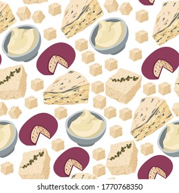 Dairy products, cottage cheese in bowl seamless pattern. Different types of food, camembert and parmesan, cheddar and roquefort. Portion in shop of restaurant, cuisine meal vector in flat style