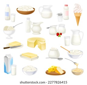 Dairy Products with Cottage Cheese, Milk, Butter, Yoghurt and Ice Cream Big Vector Set