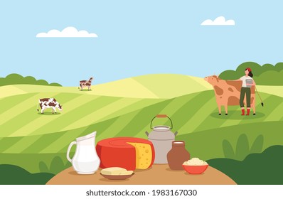 Dairy Products and Countryside View with Woman Farmer Stroking Cow and Holding Bucket with Fresh Milk Vector Illustration