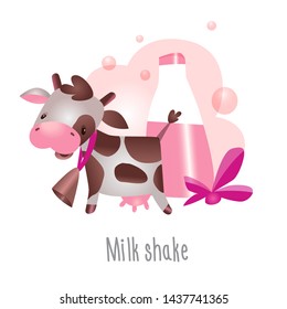 Dairy products cow. Farm milk.Milk menu. Сhildren's menu.A cow and a milkshake for the kids. Baby milk bottle. Illustration for children's milk menu. Cute animal