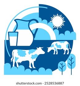 Dairy products decoration - abstract geometric background in blue colors with cows, milk jug and beautiful landscape. Great for packaging