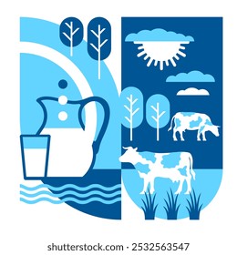 Dairy products decoration - abstract geometric background in blue colors with cows, milk jug and beautiful landscape. Great for packaging