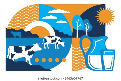 Dairy products decoration - geometric background with cows, milk bottle and beautiful landscape. For packaging or presentation