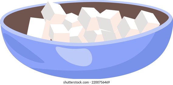 Dairy products for dieting and nutrition, isolated bowl of feta cheese. Greek meal and dishes, salty meal made from milk of ewes and goats. Farmer organic and natural ingredients. Vector in flat style