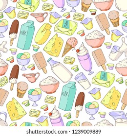 Dairy products. Doodle icons. Diet, breakfast. Milk, yogurt, cheese, ice cream, butter. Eat fresh healthy food and be happy.