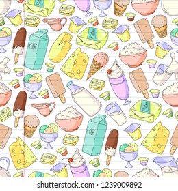 Dairy products. Doodle icons. Diet, breakfast. Milk, yogurt, cheese, ice cream, butter. Eat fresh healthy food and be happy.