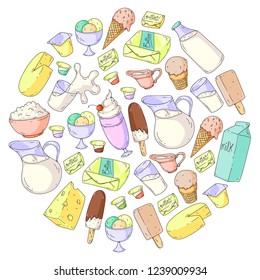 Dairy products. Doodle icons. Diet, breakfast. Milk, yogurt, cheese, ice cream, butter. Eat fresh healthy food and be happy.