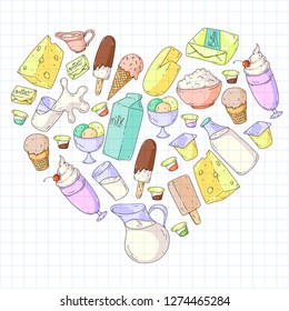 Dairy products. Doodle icons. Diet, breakfast. Milk, yogurt, cheese, ice cream, butter. Eat fresh healthy food and be happy.