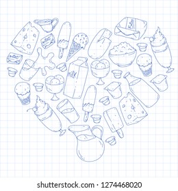 Dairy products. Doodle icons. Diet, breakfast. Milk, yogurt, cheese, ice cream, butter. Eat fresh healthy food and be happy.