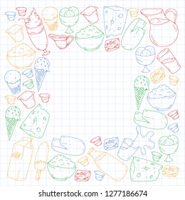 Dairy products. Doodle icons. Diet, breakfast. Milk, yogurt, cheese, ice cream, butter. Eat fresh healthy food and be happy.