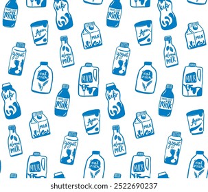 Patrón del doodle de los productos lácteos, dibujos azules de la mano en el fondo inconsútil blanco