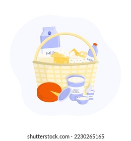 Dairy products and eggs set in wicker basket. Milk, cheese, kefir, eggs, sour cream, cottage cheese, and yogurt. Fresh dairy food. Milk farm products. Vector illustration. 

