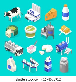 Dairy products factory isometric icons. Yogurt, cheese, and butter production, foods and drinks that are created from cow milk, farm industry and business.