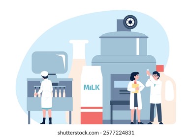 Dairy products factory. Milk tasting, scientist or factory worker production dairies. Process of packaging, pasteurization recent vector scene