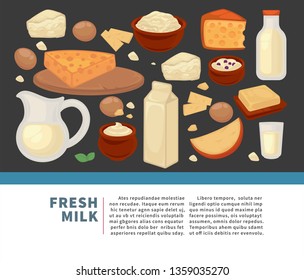 Dairy products farm food milk and cheese organic drink vector butter and curd eggs and kefir yogurt and sour cream jug and bottle pack and bowl natural nutrition wooden tray and glass grocery.