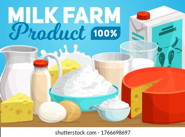 Dairy products and farm milk vector banner. Fermented whole and baked milk in glass jug, carton packet and curd, eggs and sliced swiss cheese, mayonnaise and mozzarella, sour cream and yogurt