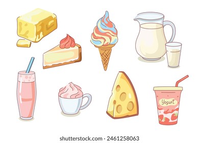 Dairy products. Farmers natural food, butter, natural milk, bio yogurt and ice cream, desserts and cheese, flat style, organic homemade meal, isolated elements. Fresh organic meal, vector set