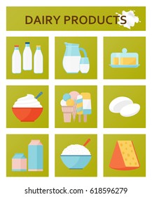 Dairy products flat set. Vector illustration.