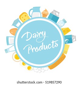Dairy products frame. Flat style. Milk products frame for text isolated on white background. Farm products. Vector illustration