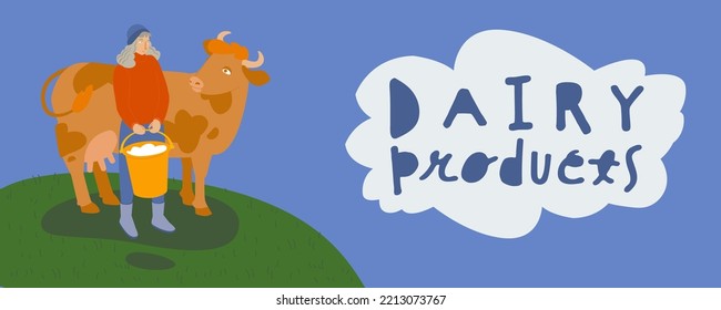 Dairy Products. Friends Not Food Sticker. Cute Spotted Cow Stands Near The Milk Maid. Happy Animal Friend, Cruelty Free, Vegetarianism Concept. Vector Illustration Isolated On A Blue Background