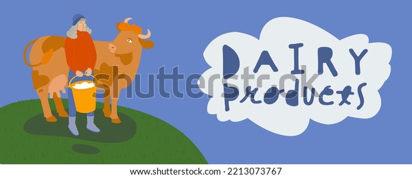 Dairy products. Friends not food sticker. Cute\
spotted cow stands near the milk maid. Happy animal friend, cruelty\
free, vegetarianism concept. Vector illustration isolated on a blue\
background