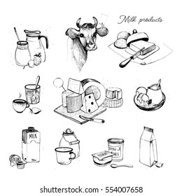 Dairy products hand drawn collection. Set milky farming assortment. Illustration on white background.