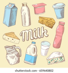 Dairy Products Hand Drawn Doodle with Milk, Cheese and Yogurt. Healthy Eating. Vector illustration