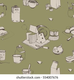 Dairy products hand drawn seamless pattern. Milky farming assortment. Vector illustration.
