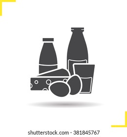 Dairy Products Icon. Drop Shadow Silhouette Symbol. Glass And Bottle Of Milk, Eggs, Cheese And Yogurt. Isolated Black Illustrations. Logo Concept. Vector