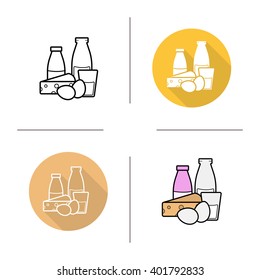 Dairy products icon. Flat design, linear and color styles. Bottle and glass of milk, cheese and eggs, yogurt. Milk products isolated vector illustrations