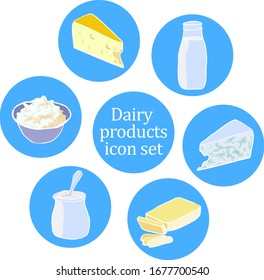 Dairy products icon set. Cartoon hand drawn milk products 
