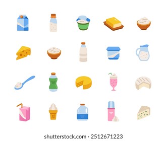 Conjunto de ícones de produtos láteos. Sinais coloridos com queijo, leite, manteiga, nata e iogurte. Elementos de design para aplicativo ou site. Coleção de ilustrações de vetor plana isolada no plano de fundo branco