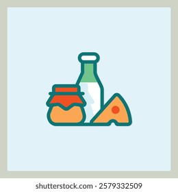 Dairy Products Icon Set Featuring Milk Bottle Cheese Slice and a Jar of Honey or Jam