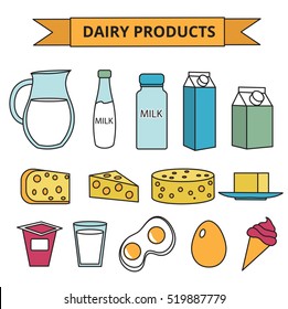 Dairy products icon set. Modern, line, outline style. Milk products isolated on white background. Milk and Cheese collection. Farm foods. Vector illustration