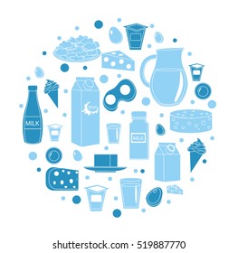 Dairy products icon set in round shape. Flat style. Dairy products isolated on white background. Milk and Cheese collection. Farm foods. Vector illustration