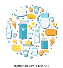 Dairy products icon set in the shape of circle. Flat style. Dairy products isolated on white background. Milk and Cheese collection. Farm foods. Vector illustration