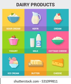 Dairy products icons collection. Vector illustration with dairy products, such as milk, butter, cream, yogurt, cheese, cottage cheese and ice cream in trendy flat style with short shadows.