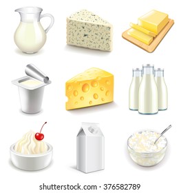 Dairy products icons detailed photo realistic vector set