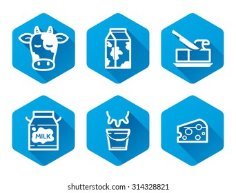 Dairy products icons set, flat with long shadow, blue