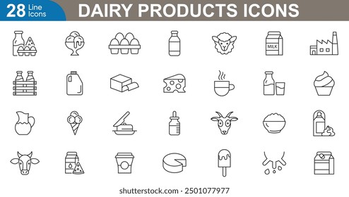 Conjunto de iconos de productos lácteos. Leche, queso, yogur, mantequilla, nata, helado, cottage, kéfir, suero de leche y más. Ilustración vectorial.