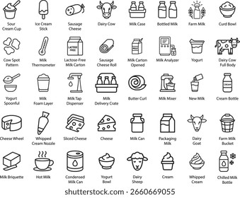 Symbolsatz für Milchprodukte, Vektorgrafik einzeln auf weißem Hintergrund.