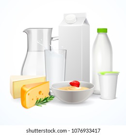 Dairy products including jug and glass of milk, cheese, yogurt, realistic composition on white background vector illustration