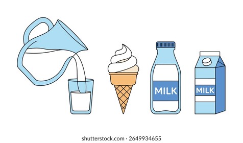 Dairy products including milk jug ice cream cone milk bottle and carton illustration