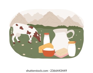 Dairy products isolated concept vector illustration. Milk based nutrition, dairy products production, fermented milk, domestic animal, food processing, calcium content vector concept.