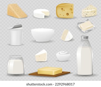 Dairy products isolated on realistic style vector illustration. Different natural milk drinks and food, 3d packaging with blank label, yogurt, butter and cheese