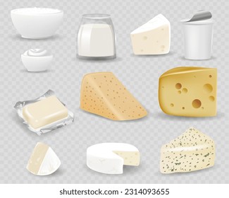 Dairy products isolated on realistic style vector illustration. Different natural milk drinks and food, 3d packaging with blank label, yogurt, butter and cheese