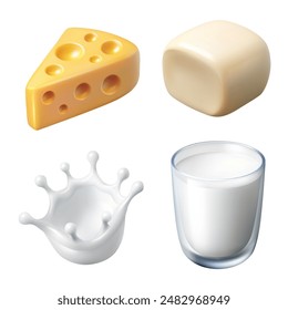 Productos lácteos aislados sobre un fondo blanco. Vaso de leche, manchas de leche, queso blanco y amarillo. Vector 3D realista en estilo de dibujos animados