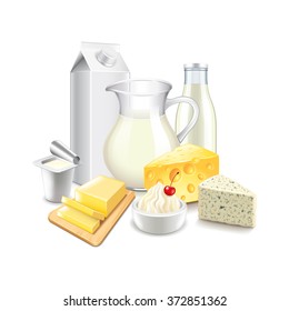 Dairy products isolated on white photo-realistic vector illustration